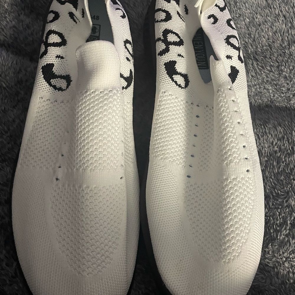 Ganen Youni Men’s White and Black Knit Slip On Sneakers-Size 48-(Size 14 US)